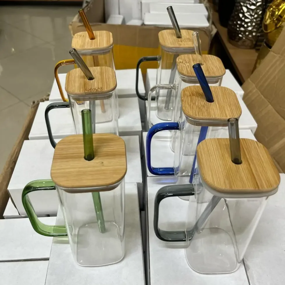 Square Borosilicate Glass Mug with Bamboo Lid and Straw – Aesthetic Clear Coffee Tumbler - Buy Online in Bangladesh | ShopTalkBD