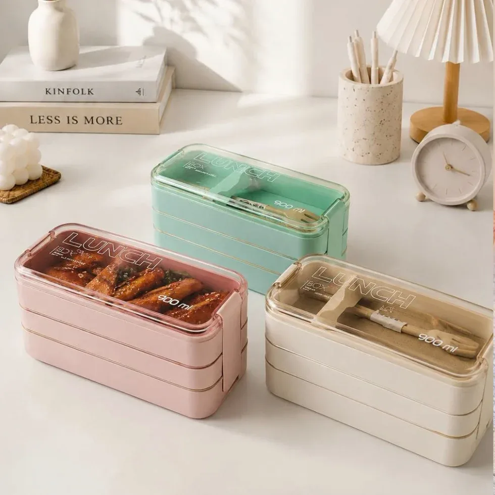 3-Tier Bento Lunch Box with Cutlery (900ml) - Buy Online in Bangladesh | ShopTalkBD