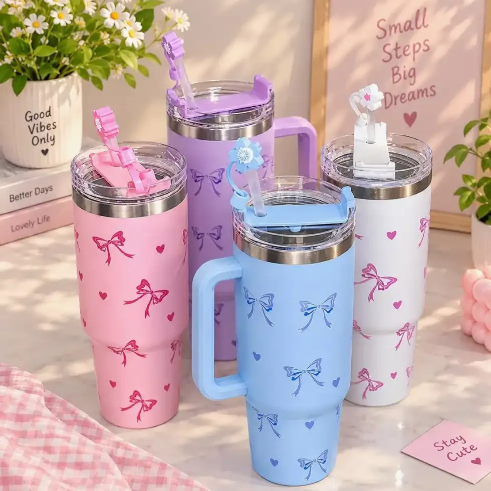 Cute Bow Print Insulated Tumbler with Handle & Straw - 1200ml (Bow Print Tumbler with Handle) Price in Bangladesh | ShopTalk BD