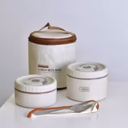 Off White 2-compartment 304 steel lunch box set with insulated carrier bag.